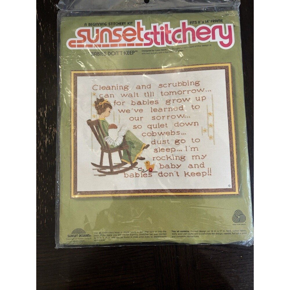 1977 NOS Sunset Stitchery “Babies Don’t Keep” Crewel Embroidery Kit 11x14 Sealed